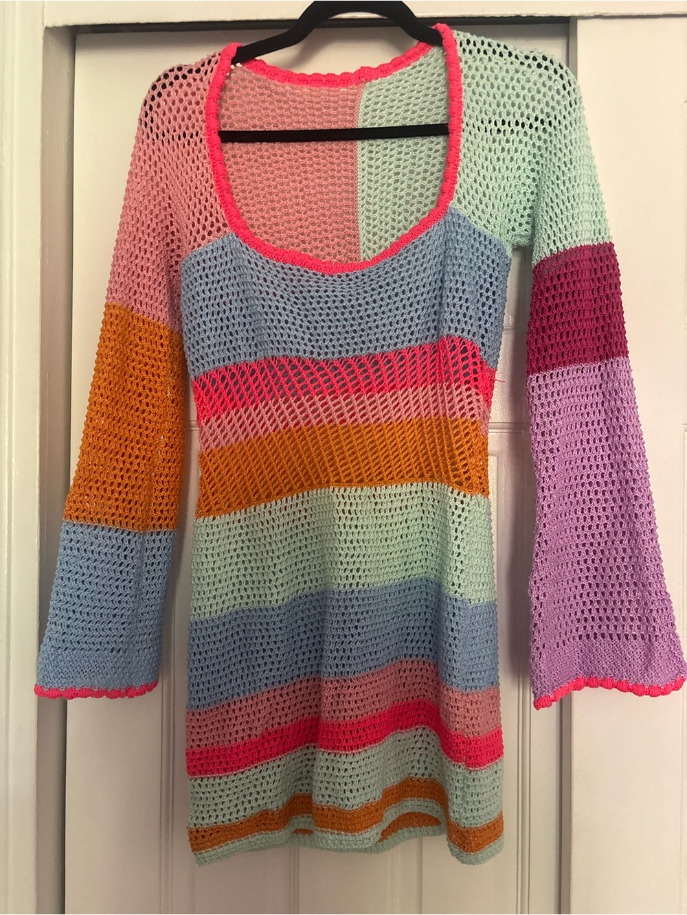 Multicolor Crochet Stripe Scoop Neck Sweater